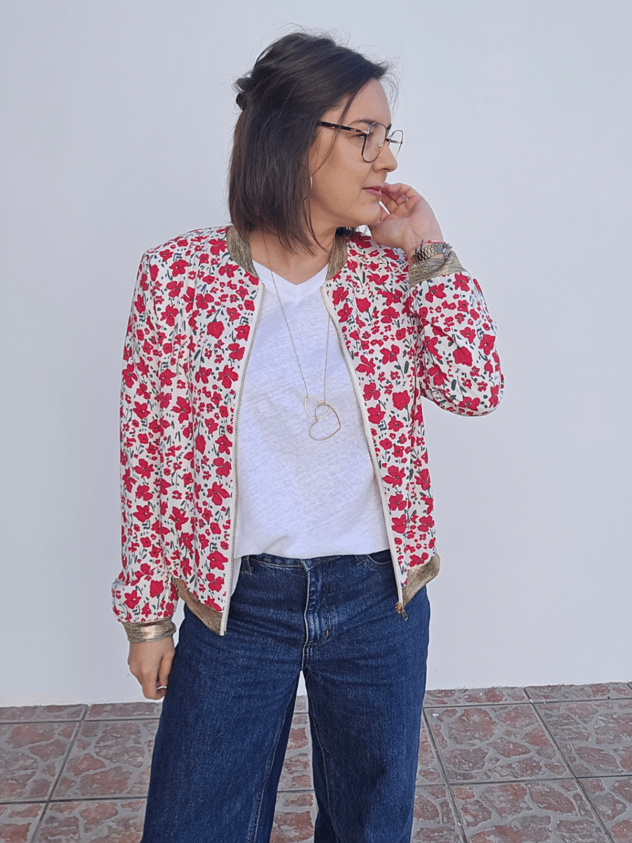 Veste bombers fine fleurie rouge & doré